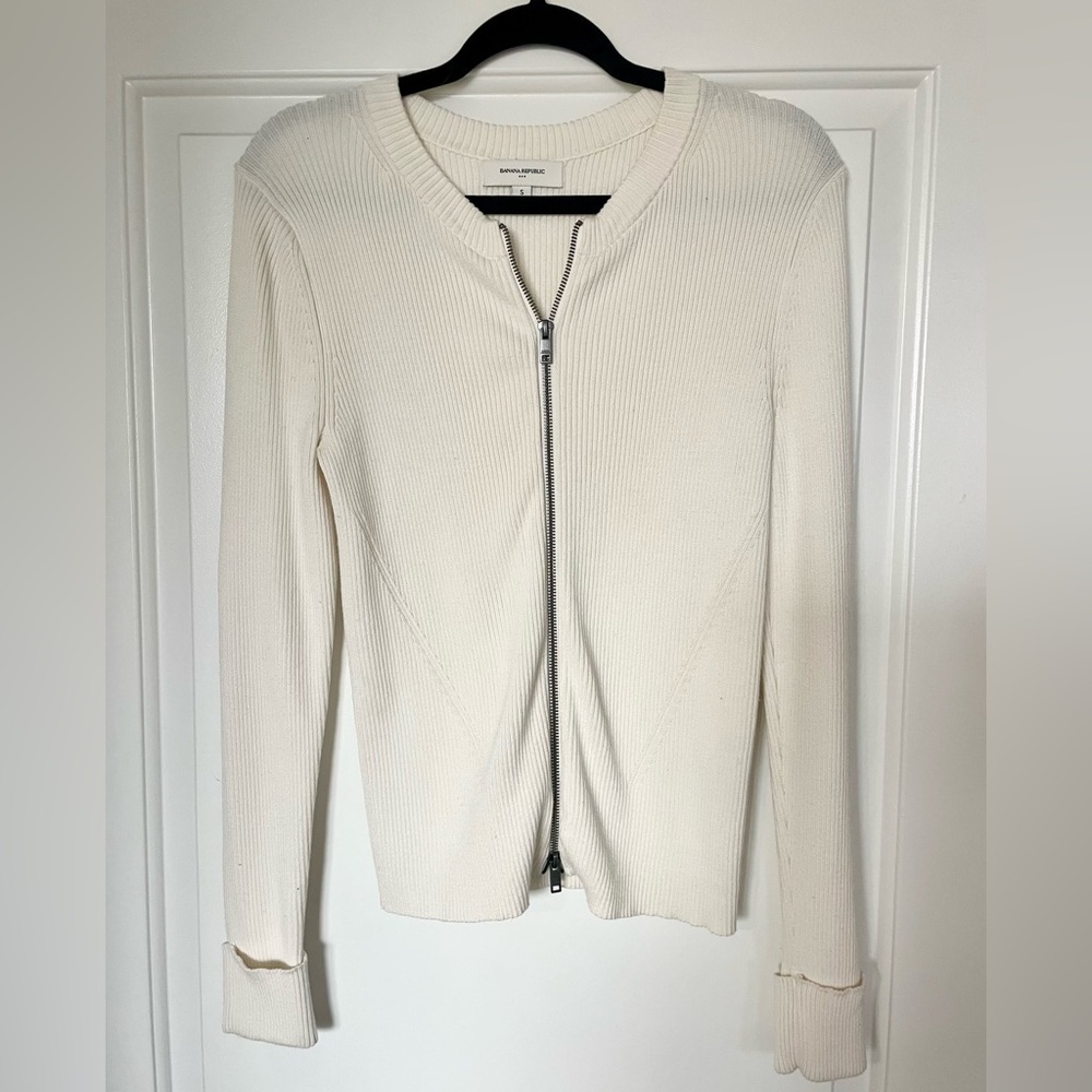 Banana Republic Women’s White Double Zipper Ribbed Cardigan Small